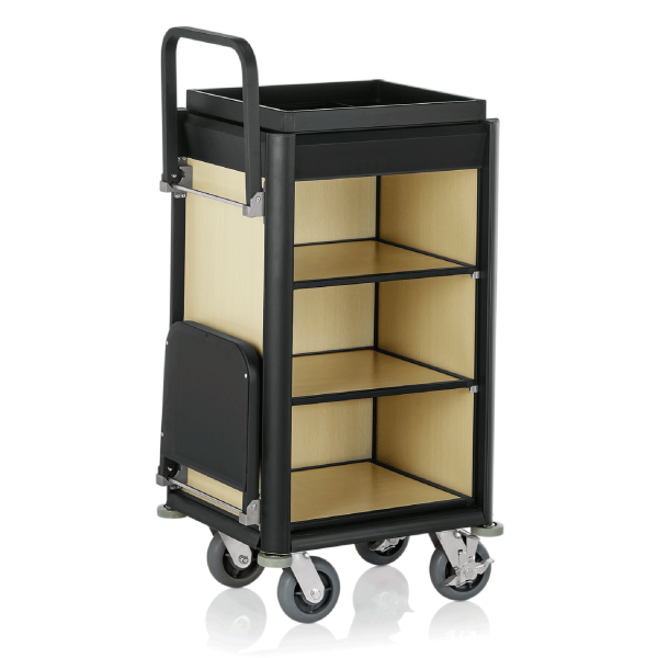 Chariot de service de chambre structure aluminium noir - 95 x 55 cm - Aspect bois clair - 1 sac 60 L