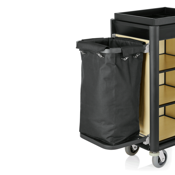 Chariot de service de chambre structure aluminium noir - 95 x 55 cm - Aspect bois clair - 1 sac 60 L