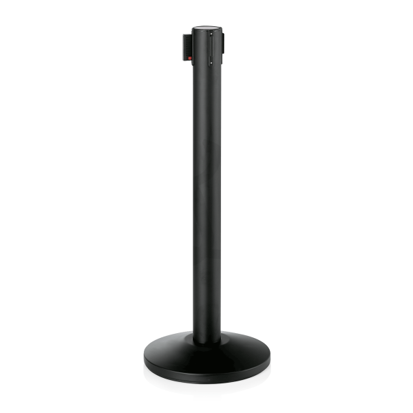 Poteau de sécurité acier noir poudré - Sangle rouge et blanche de 5 mètres - Hauteur 91,5 cm (lot de 2)