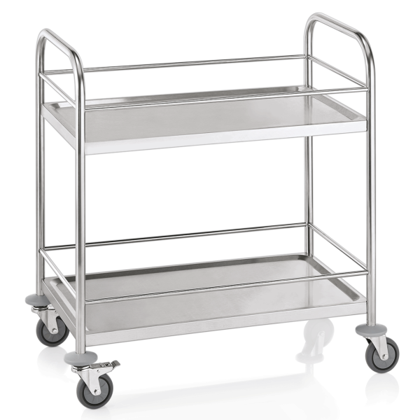 Chariot de service inox - 2 tablettes avec barre de sécurité - 85 x 53 x 95 cm