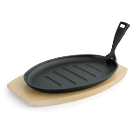 Grill ovale en fonte avec sous-plat bois - 27 x 17,5 x 2 cm