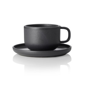 Tasse en grès - 220 ml - Avec soucoupe - Série One Midnight (lot de 6)