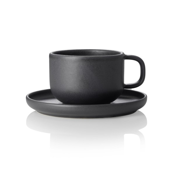 Tasse en grès - 220 ml - Avec soucoupe - Série One Midnight (lot de 6)