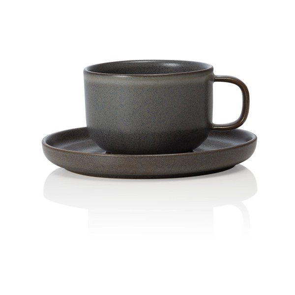 Tasse en grès - 220 ml - Avec soucoupe - Série One Stone Grey (lot de 6)