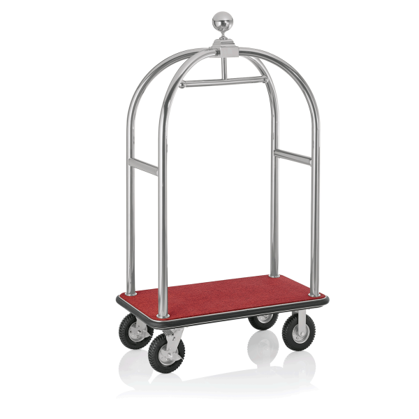 Chariot à bagages inox 18/8 brossé avec penderie - 112 x 60 cm - Tapis rouge - Max 250 kg