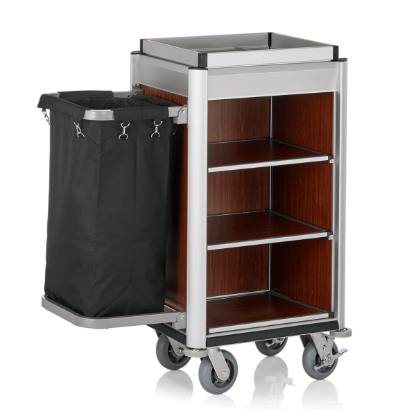Chariot de service de chambre structure aluminium - 95 x 55 cm - Aspect bois foncé - 1 sac 60 L