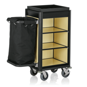 Chariot de service de chambre structure aluminium noir - 95 x 55 cm - Aspect bois clair - 1 sac 60 L