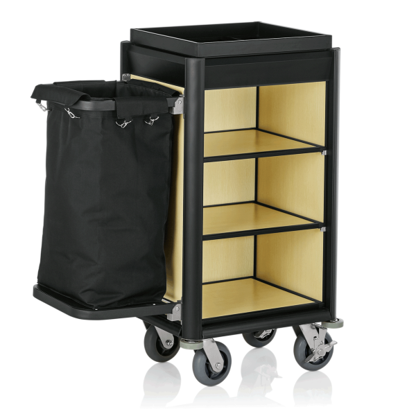 Chariot de service de chambre structure aluminium noir - 95 x 55 cm - Aspect bois clair - 1 sac 60 L