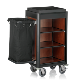 Chariot de service de chambre structure aluminium noir - 95 x 55 cm - Aspect bois foncé - 1 sac 60 L