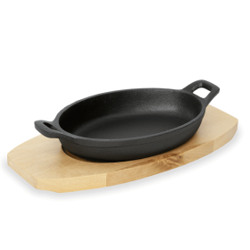 Poêlon ovale en fonte avec sous-plat bois - 18 x 12 x 3 cm