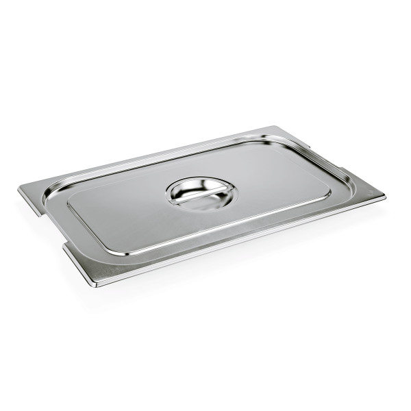 Couvercle GN 1/1 inox chromé avec évidement pour poignées tombantes