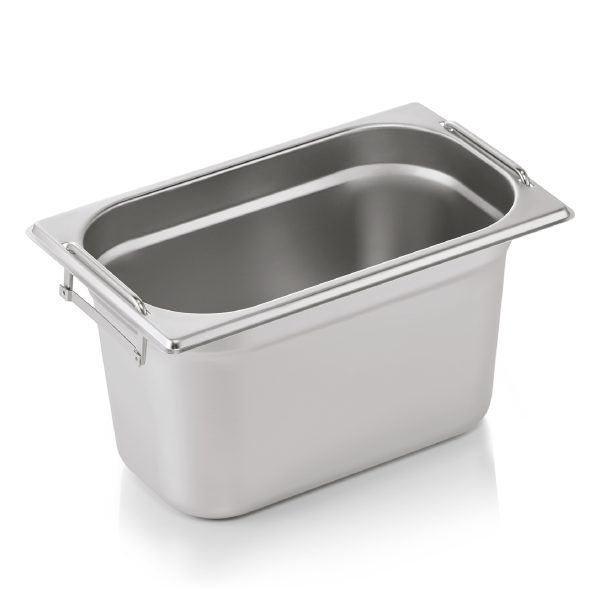 Bac gastro GN 1/4 inox chromé avec poignées tombantes - Profondeur 150 mm